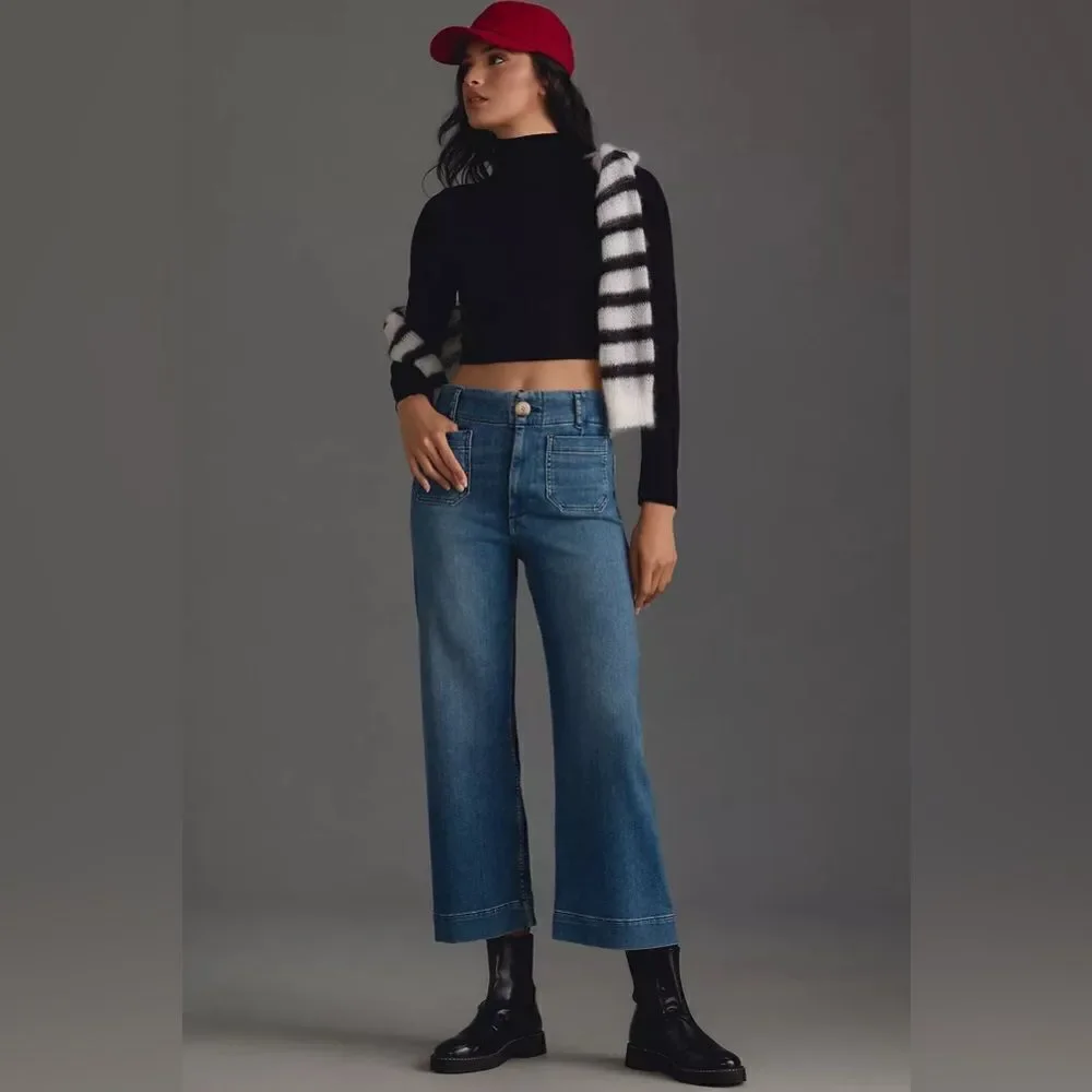 Anthropolgie Pilcro NWT The Skipper Cropped High-Rise Wide-Leg Jeans Med Blue 29